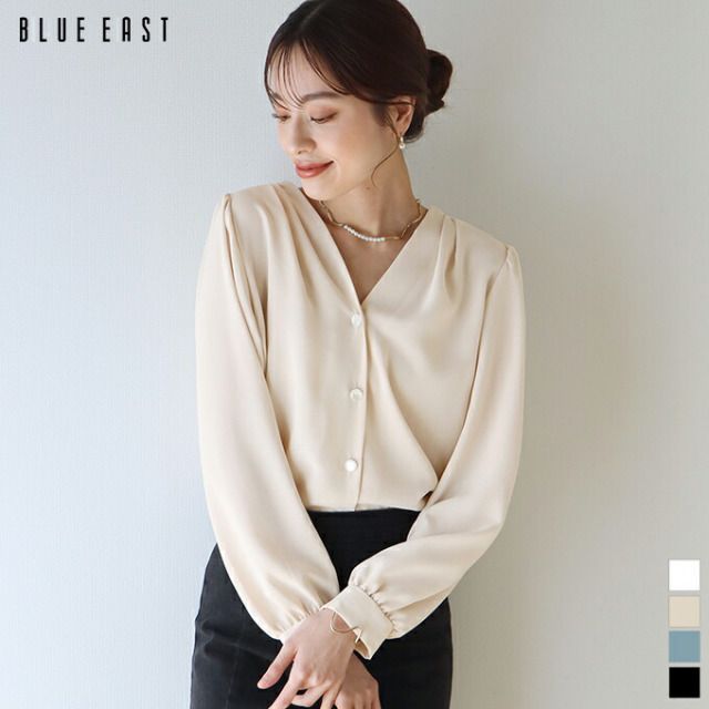 日本 BLUE EAST - 柔美光澤V領長袖襯衫-奶油白