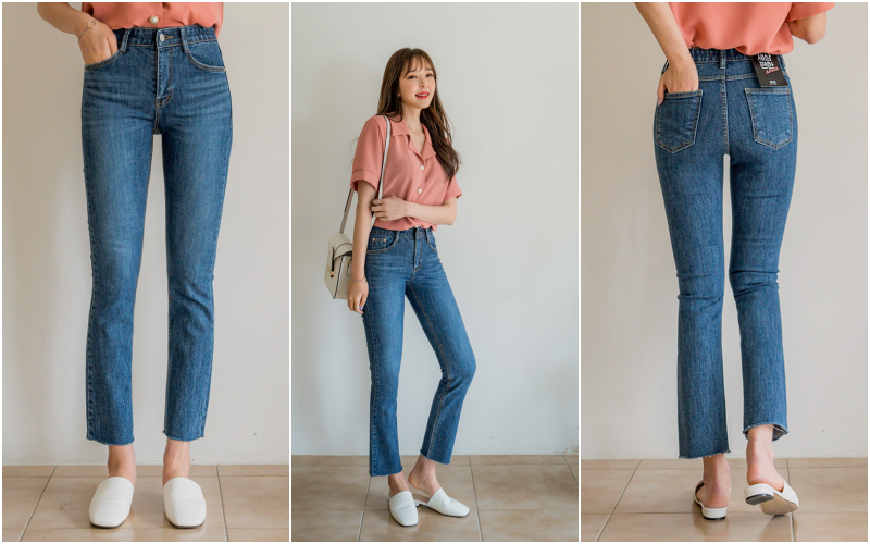 韓國 ENVYLOOK - 超彈力收腰鬆緊刷白窄管牛仔褲-深藍