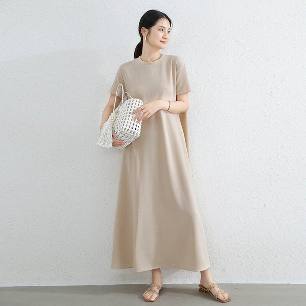 氣質華夫格顯瘦A字短袖長洋裝-杏色