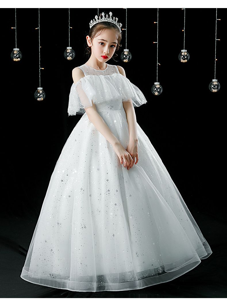 削肩式網紗亮片禮服-白色