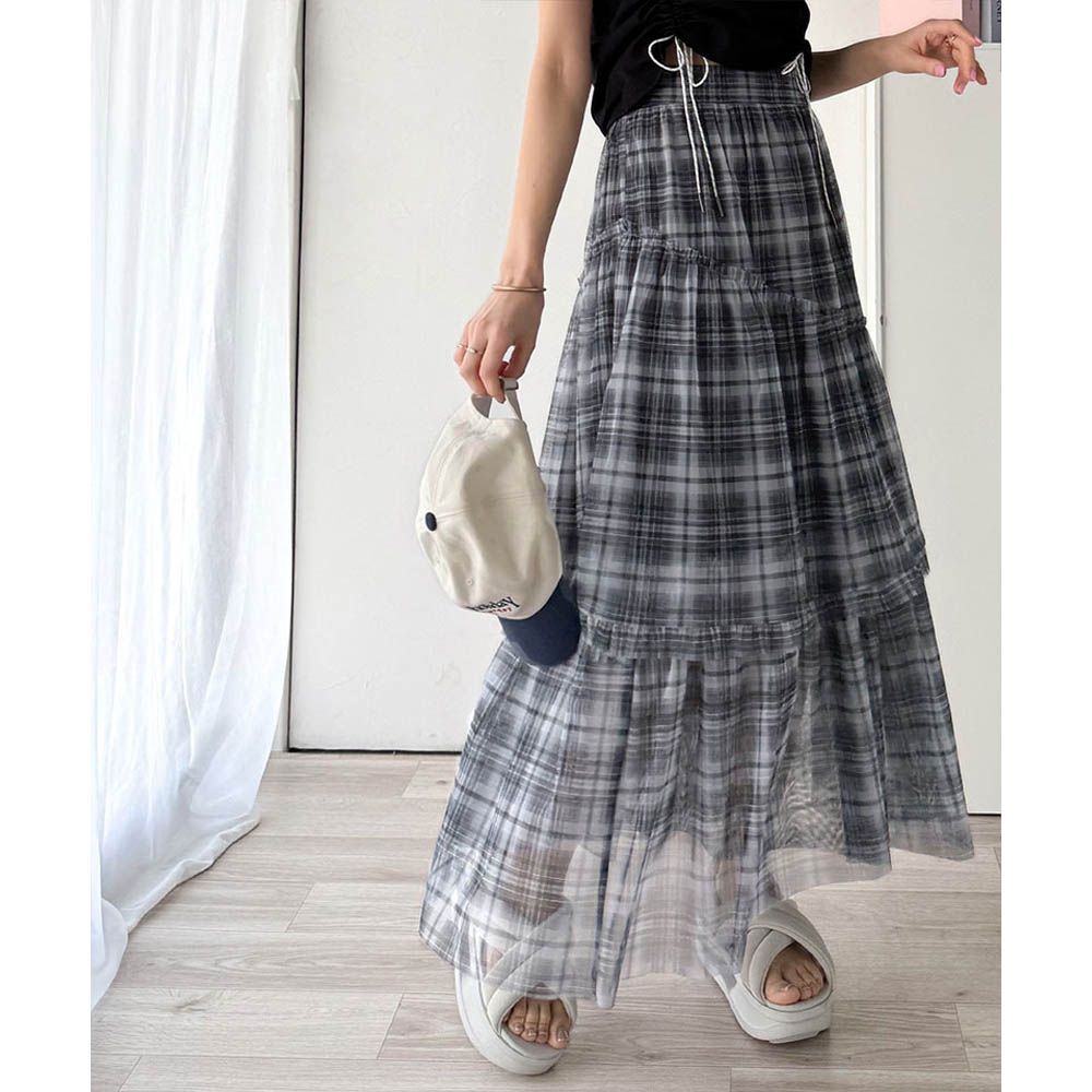 mily bilet 飄逸薄紗分層蛋糕長裙-灰格紋