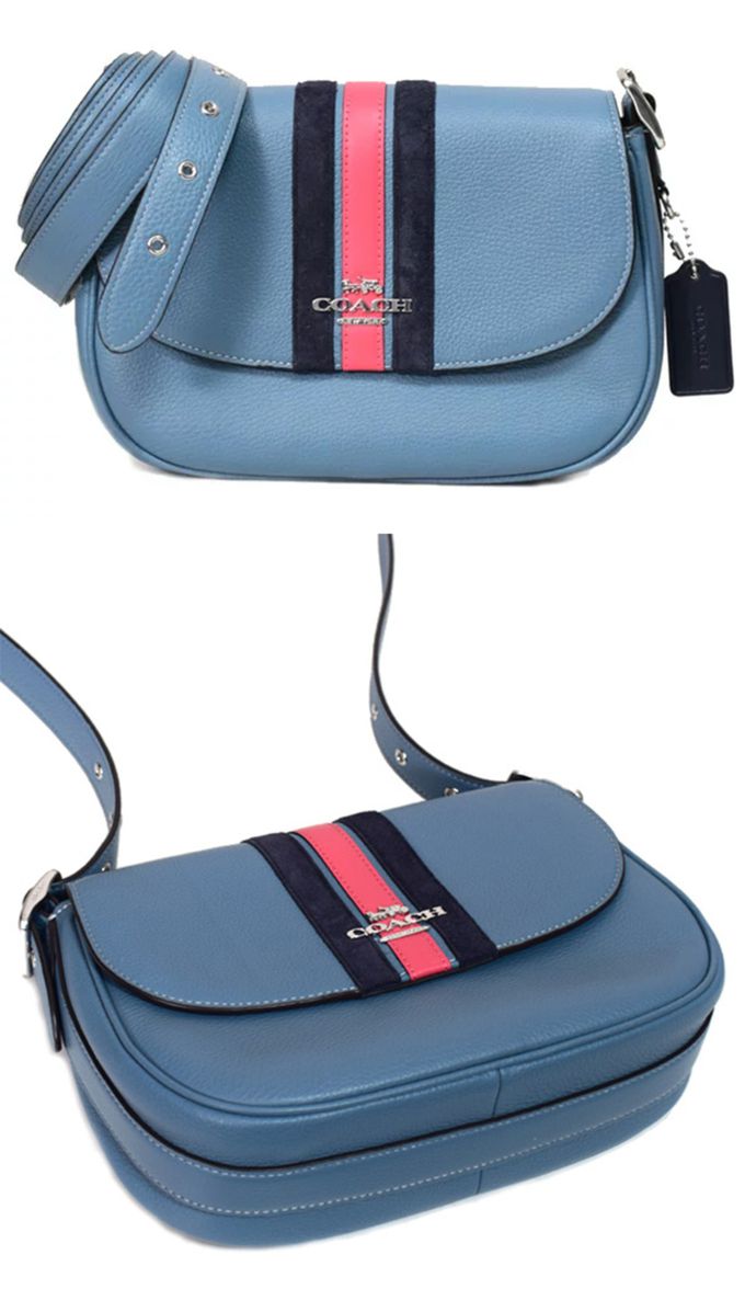COACH - 撞色皮革斜背馬鞍包 (藍)