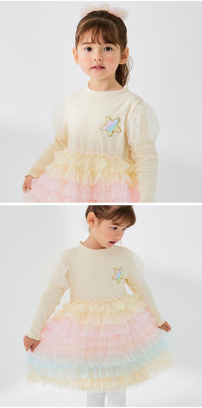 韓國 OZKIZ - 星星柔彩網紗拼接洋裝-奶油米