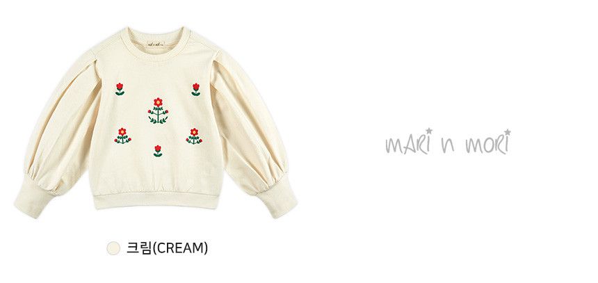 韓國 WALTON kids - 小紅花公主抓褶澎袖上衣-奶油白