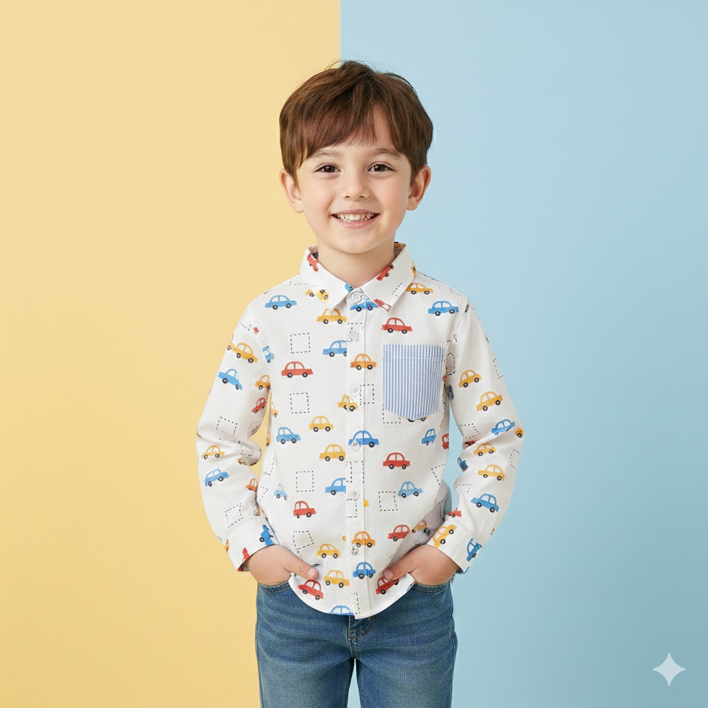經典口袋長袖襯衫-小車車-白色