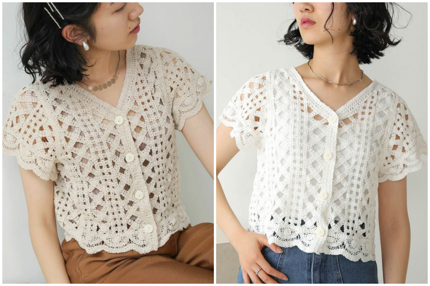 日本 Bou Jeloud - 鏤空造型短袖針織排扣上衣-白