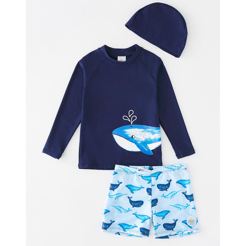 Xiazhilian - 男寶防曬長袖泳裝套裝(附帽子)-鯨魚噴水-藍色