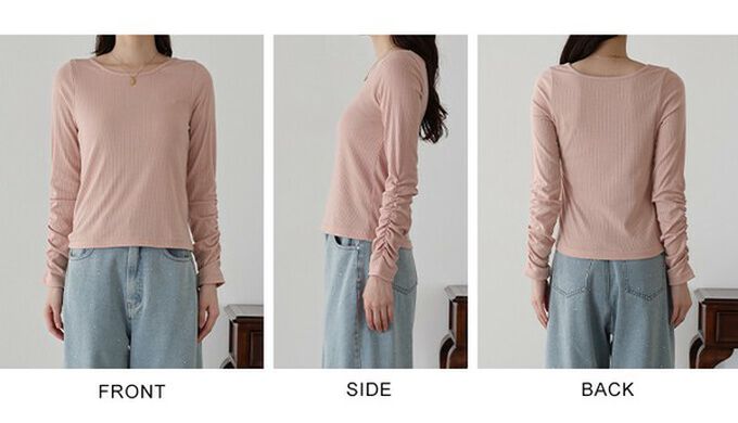 日本 BLUE EAST - 個性皺褶顯瘦U領合身長袖上衣-淺杏