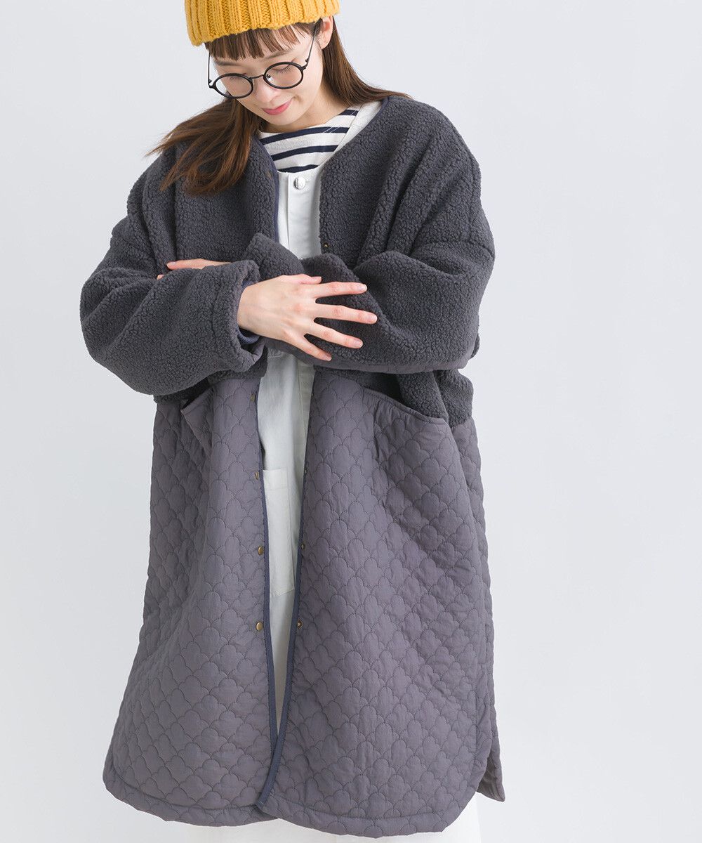 日本女裝代購 - 毛茸雲朵絎縫拼接長版鋪棉外套-軍綠