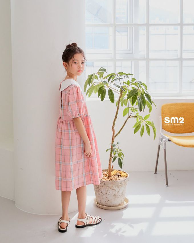 韓國 sm2 - Lovely印花泡泡袖洋裝-格紋-粉