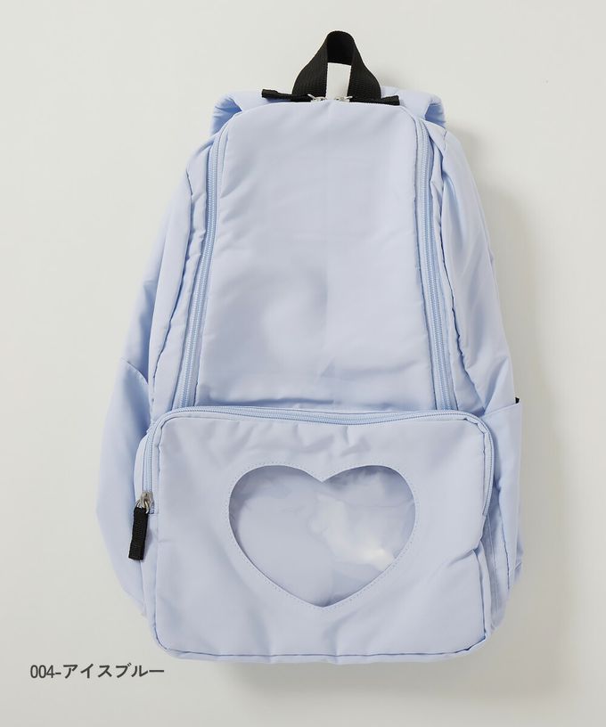 日本 devirock - 心型透明窗(娃包口袋)輕巧大容量後背包-附鏡子-櫻粉