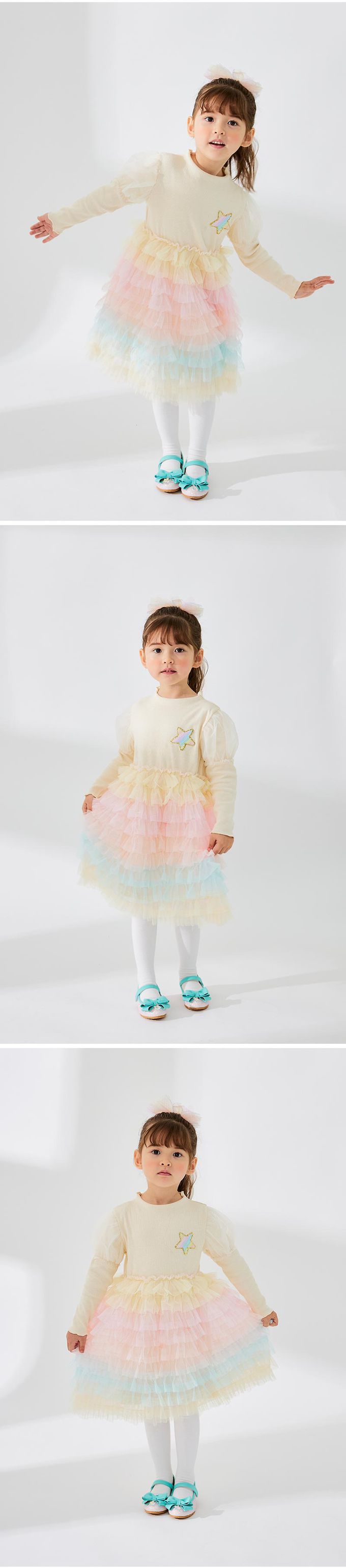 韓國 OZKIZ - 星星柔彩網紗拼接洋裝-奶油米