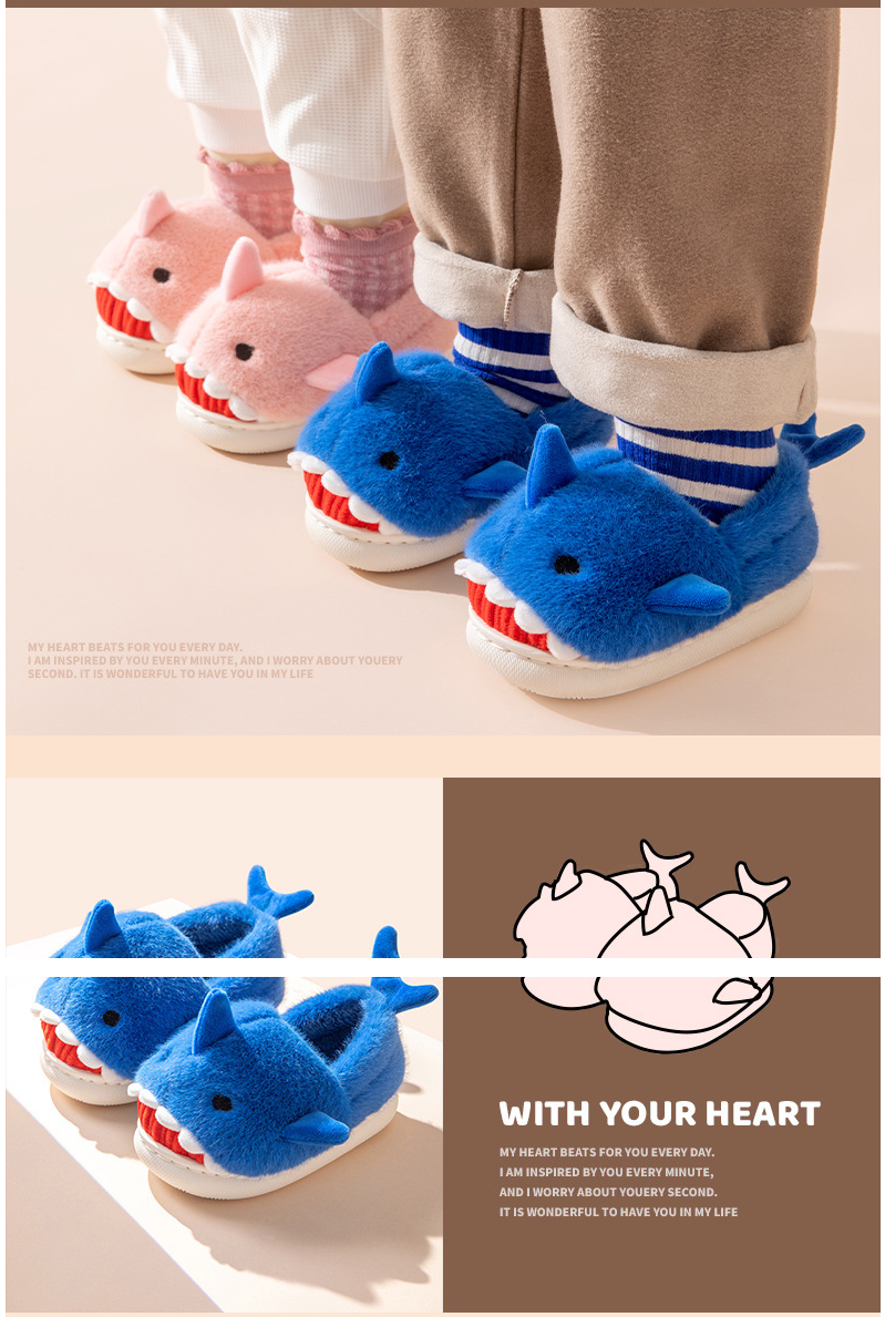(兒童)立體造型毛絨暖暖室內拖鞋-鯊魚-藍色