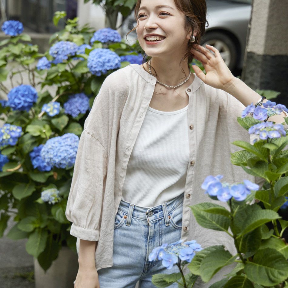 日本 Rejoule - 嫘縈混層次微透膚薄外套/襯衫-奶油杏