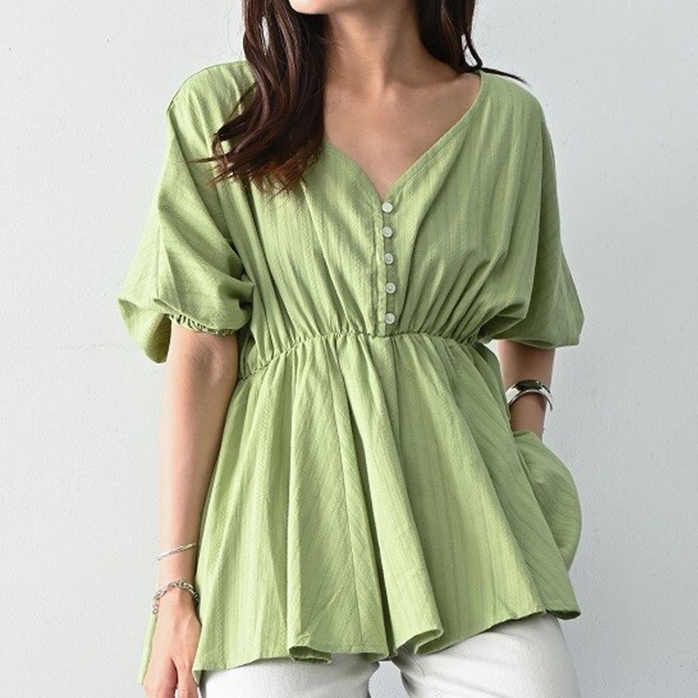 日本 ELENCARE DUE - 純棉 浪漫V領縮腰五分袖上衣-綠