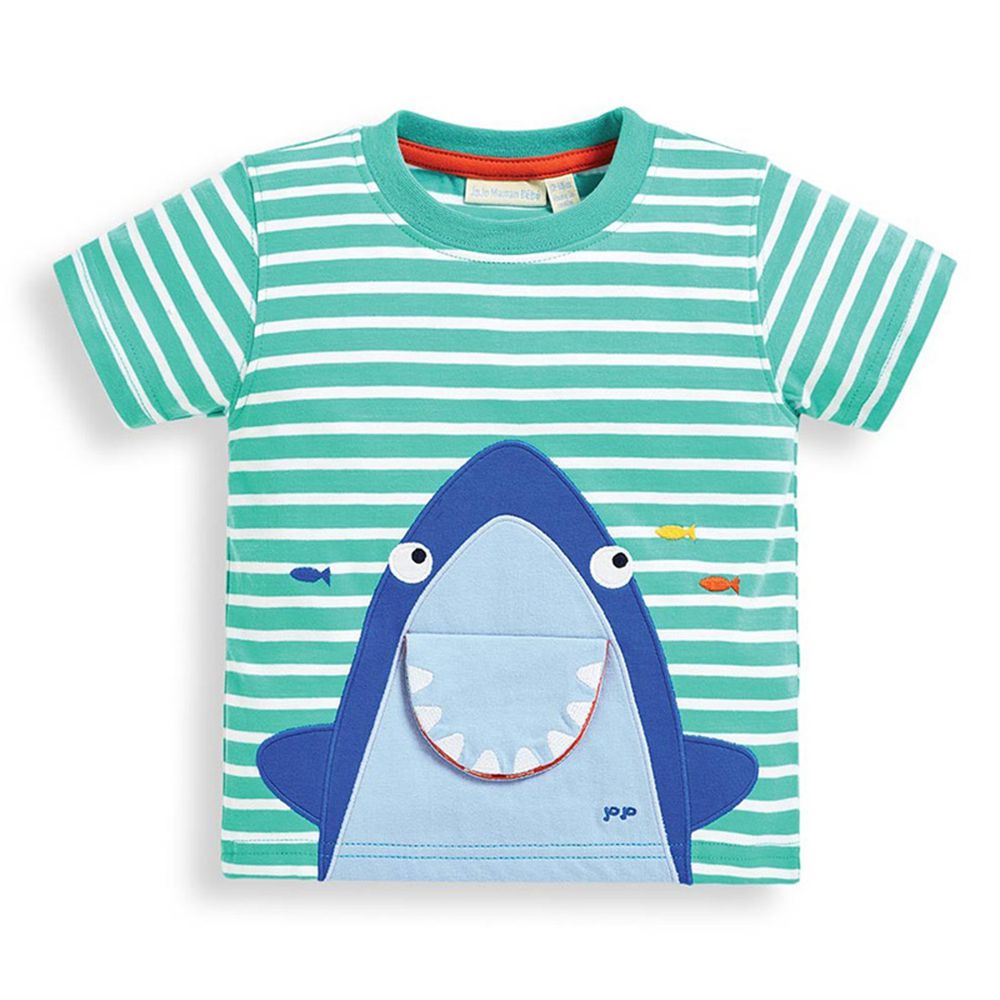 英國 JoJo Maman BeBe - 超優質嬰幼兒/兒童100％純棉短袖上衣/T-shirt/動物T-藍鯊