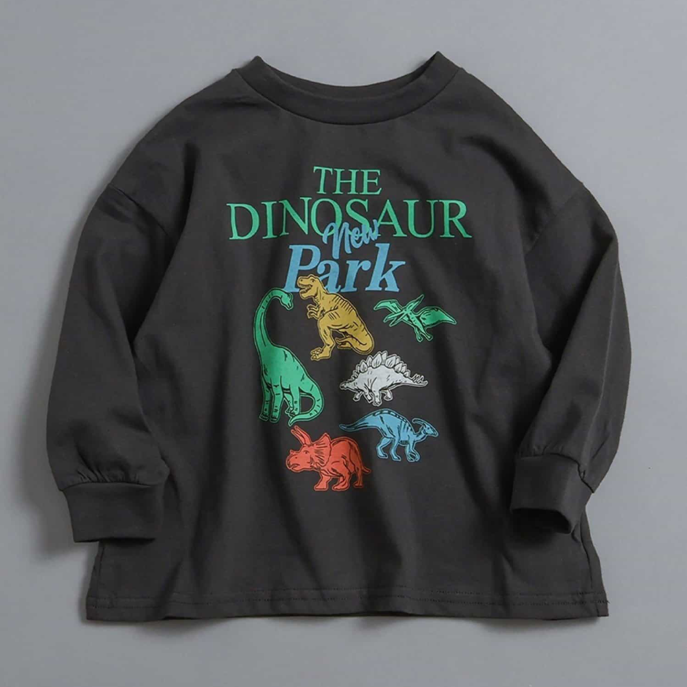 俏皮印花薄長袖上衣-恐龍們-炭黑