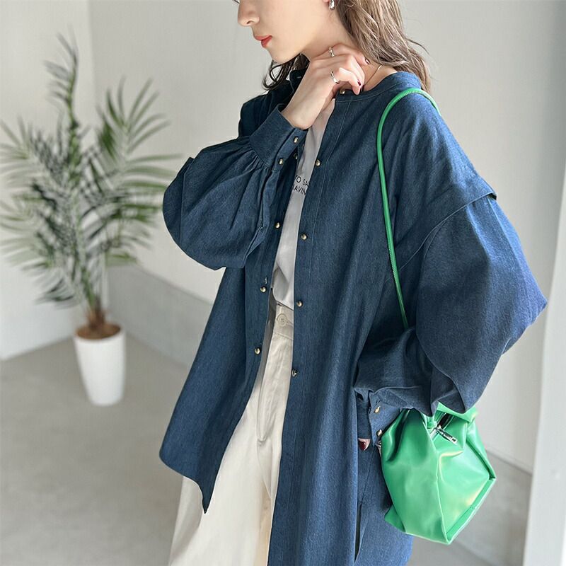 日本 Classical Elf - 100%棉厚磅丹寧長袖襯衫-淺藍