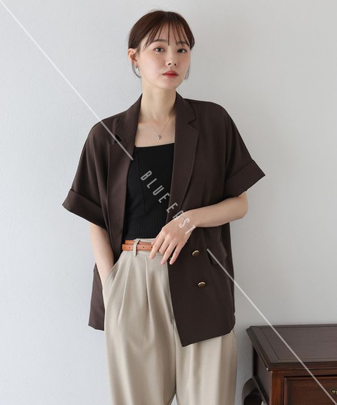 日本 BLUE EAST - 亞麻感氣質金釦短袖西裝外套-象牙白