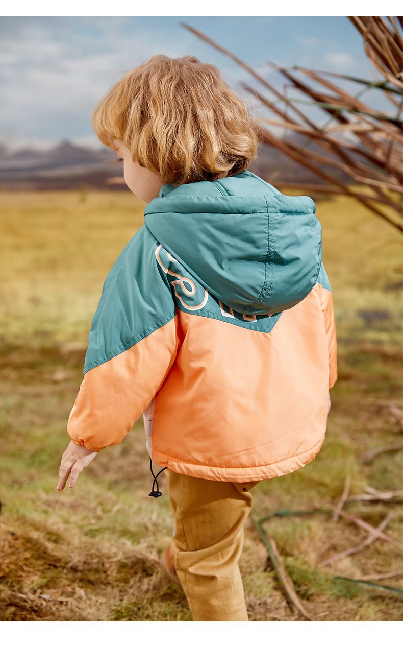 加厚連帽拼色羽絨外套-橘+綠