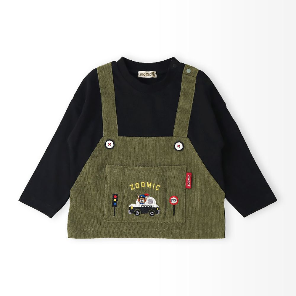 熊熊救援隊 燈芯絨吊帶拼接長袖上衣-警車-黑X軍綠