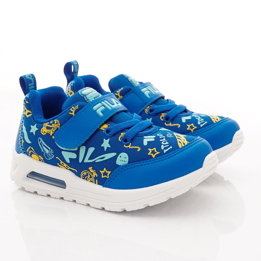 FILA - 半氣墊彈力印花運動鞋(中大童段)-藍黃