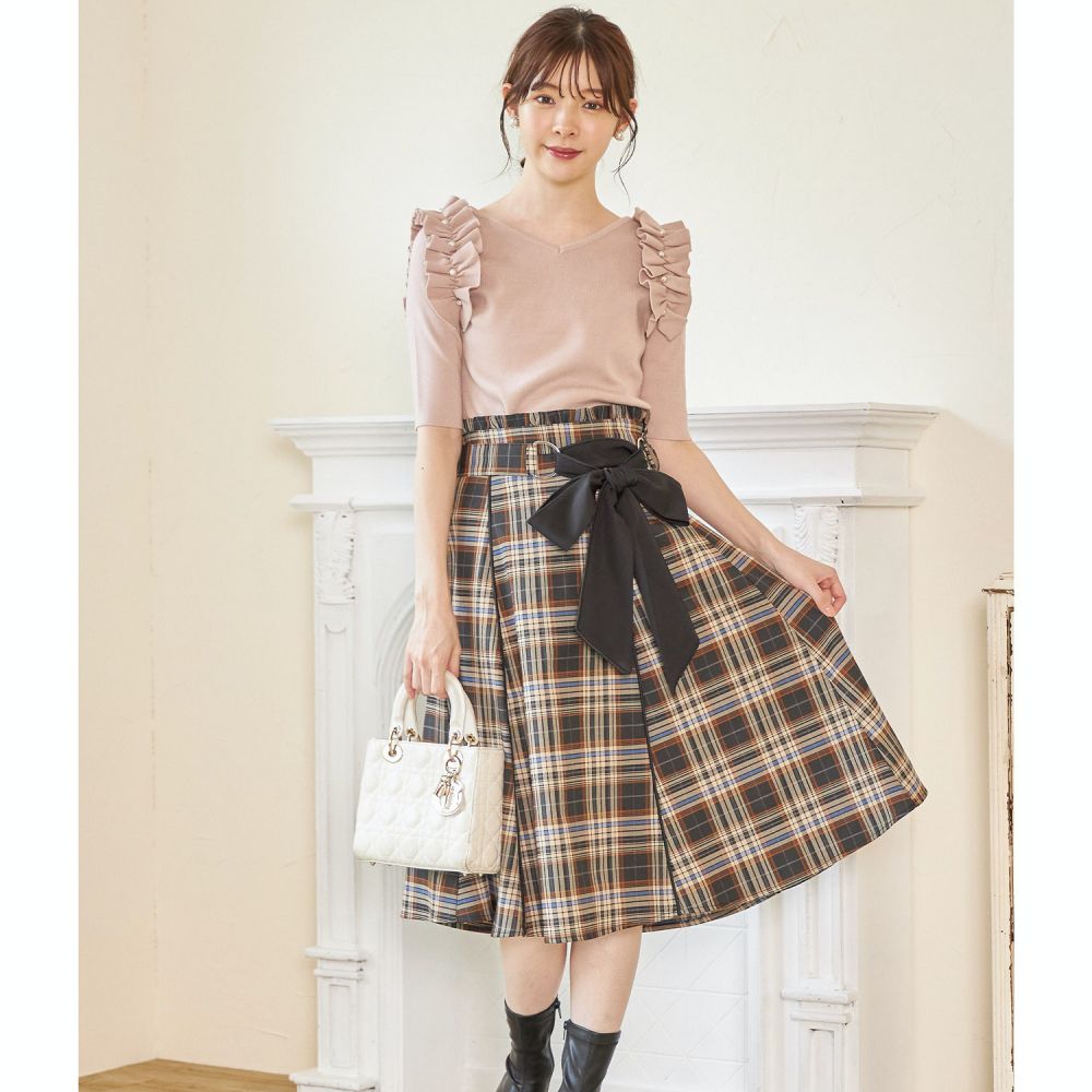 日本 tocco-closet - 蝴蝶紐結格紋修身長裙-簡約黑