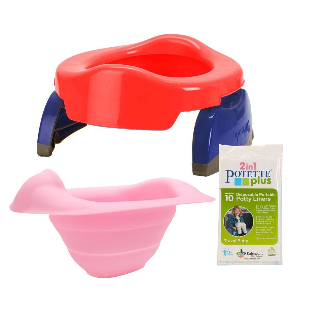 美國 Potette Plus - 可攜式馬桶-紅色+摺疊式家用防漏盆-粉紅色+拋棄式防漏袋10入裝)