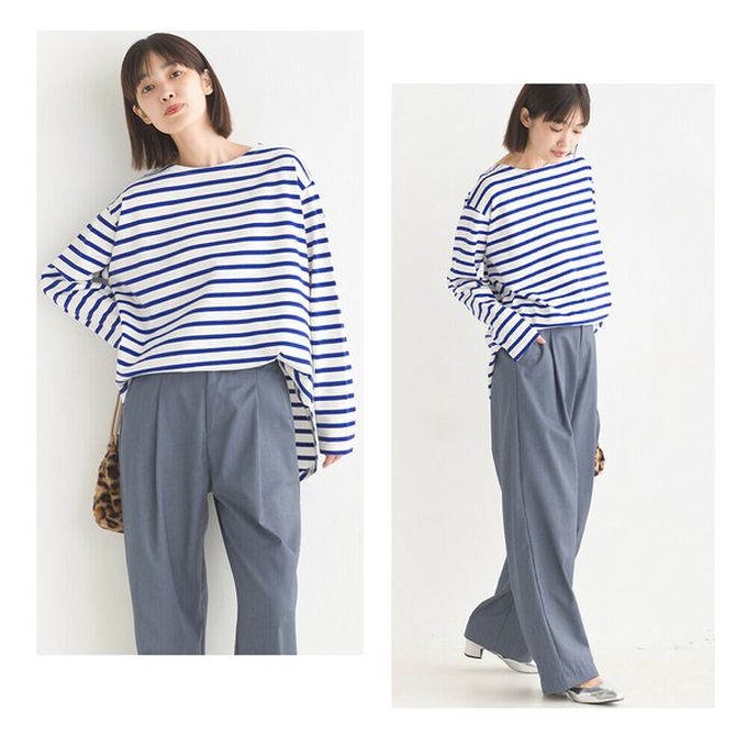 日本 OMNES - 純棉厚磅定番條紋長袖上衣-海軍藍x粉米