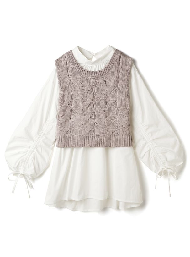 日本 GRL - 抽繩袖設計長袖上衣+針織背心兩件組-黑白