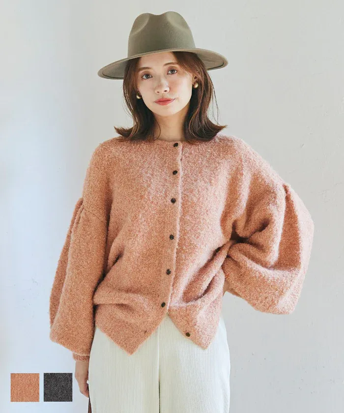 日本 COCA - 澎澎氣球袖針織開襟衫-橘粉