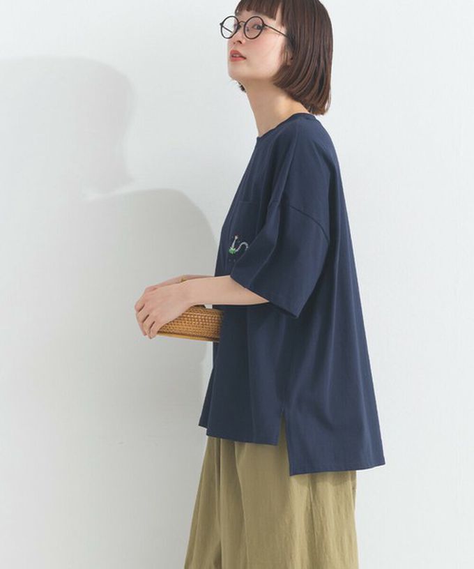 日本 Lupilien - 16支天竺棉俏皮動物刺繡寬大口袋T恤-海軍藍