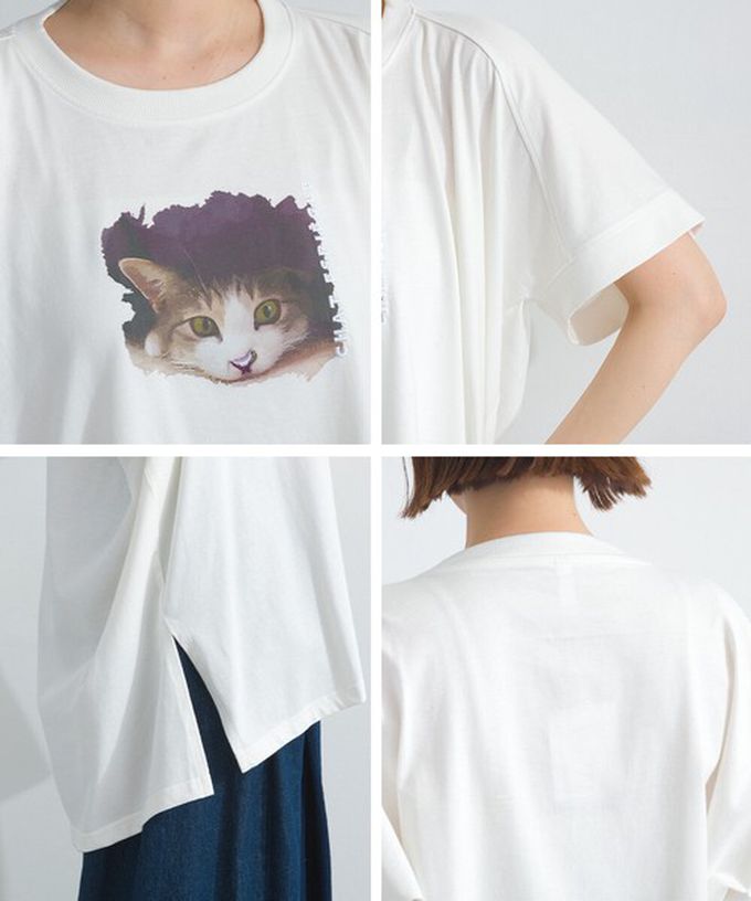 日本 Lupilien - 療癒休閒感落肩長版T恤-貓咪照片-白