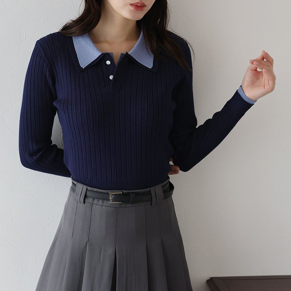 撞色雙層領針織polo長袖上衣-海軍藍 (M)