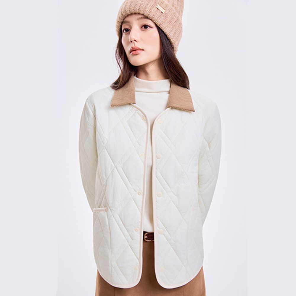 輕暖 2WAY可拆式翻領 羊毛鋪棉絎縫外套-女款-米白