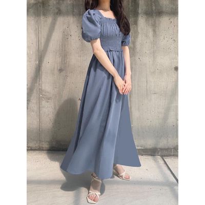 日本 GRL - 優雅公主方領泡泡袖洋裝-星塵藍 (M)