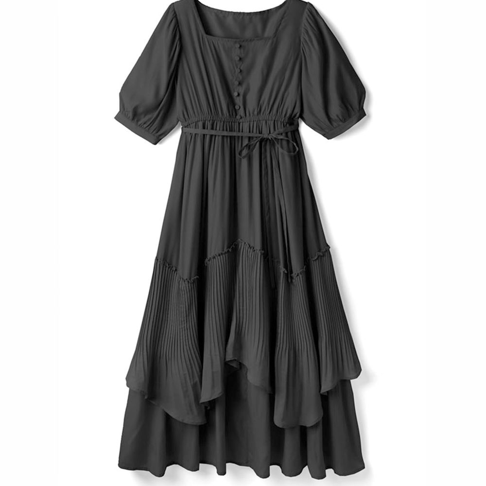 日本 GRL - 明星聯名款 層次感不規則剪裁短袖洋裝-時尚黑