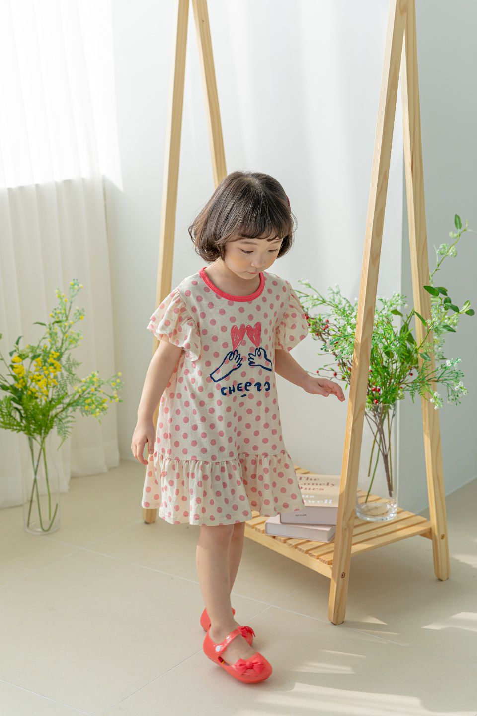 韓國 Orange Mom - 點點愛心手荷葉袖洋裝-粉紅