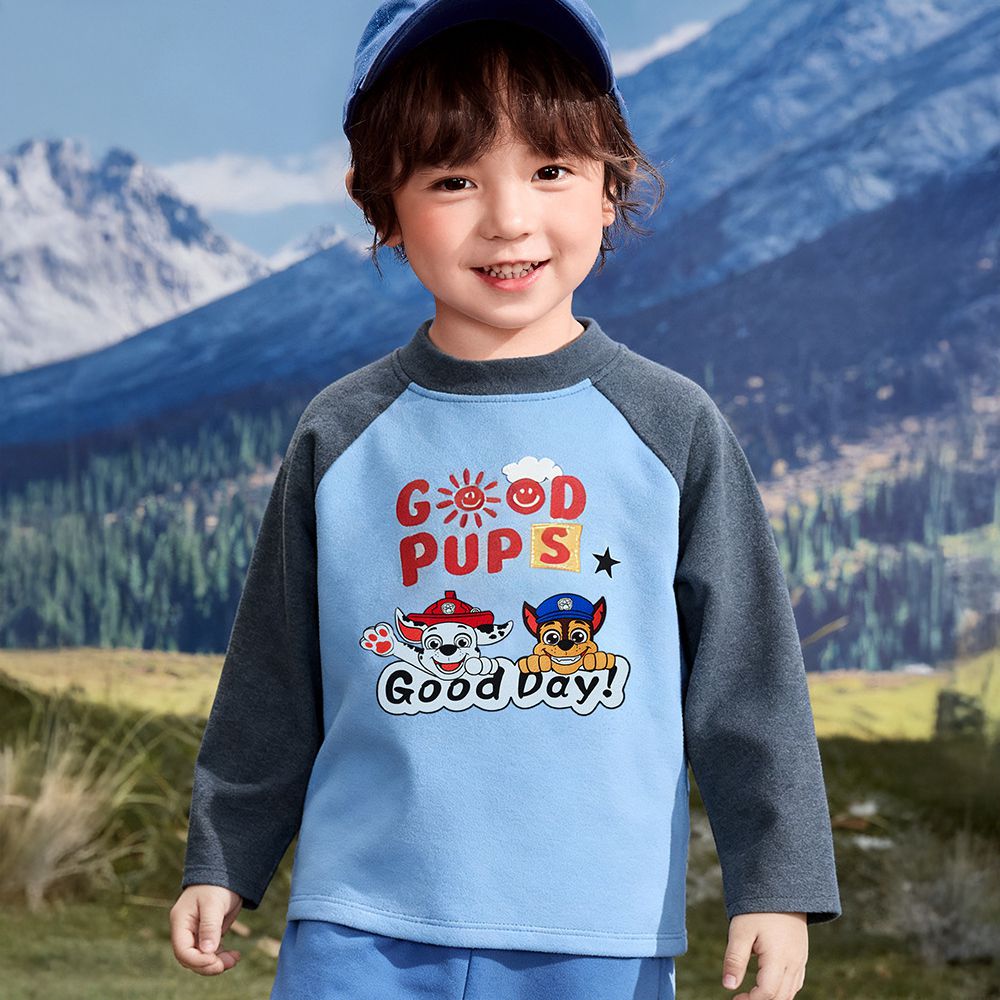 卡通汪汪隊半高領保暖長袖上衣-卡通人物阿奇-灰x藍