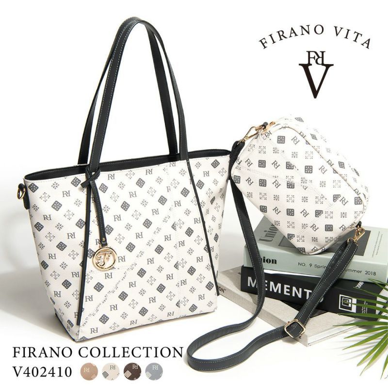 日本 FIRANO - [雜誌揭載]經典花紋仿皮托特包+側背包2件組-附摺疊購物袋-米白 (30x40x14cm)