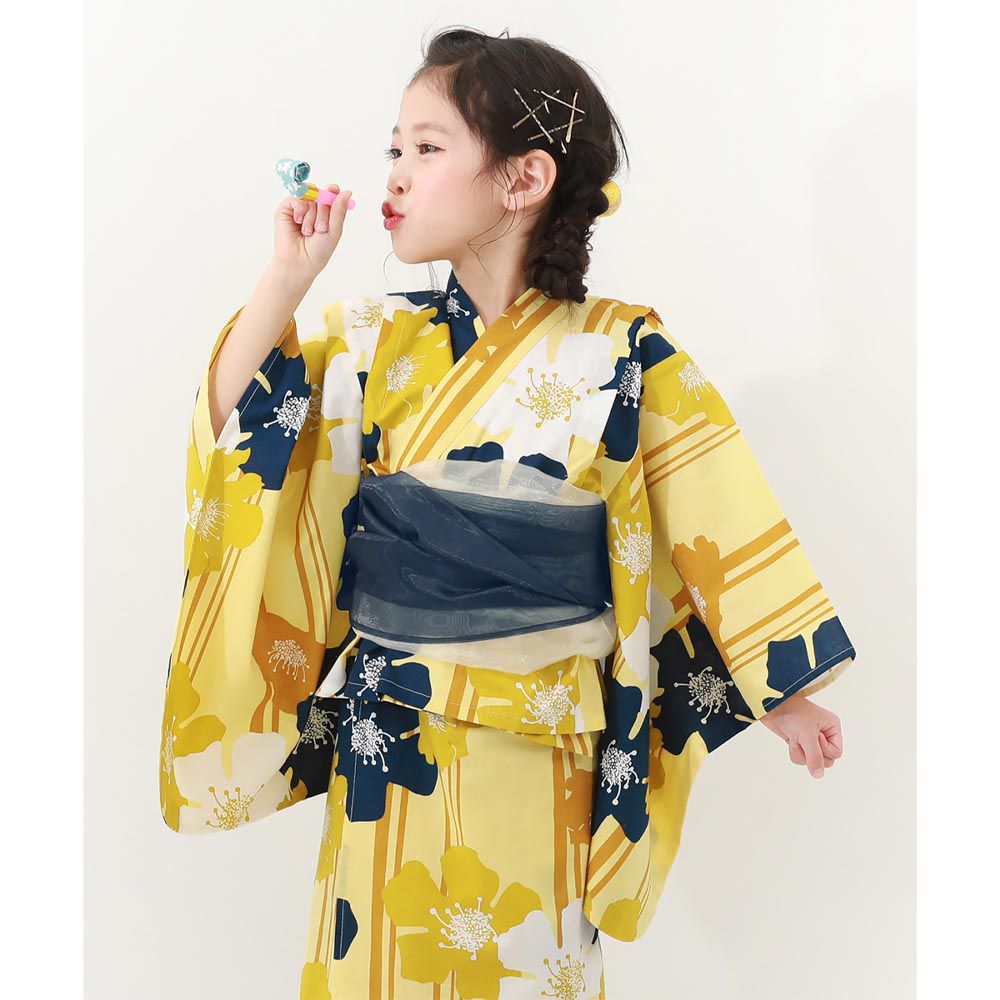 日本 devirock - 上下穿搭式浴衣華麗4件組-繁盛花朵-黃藍