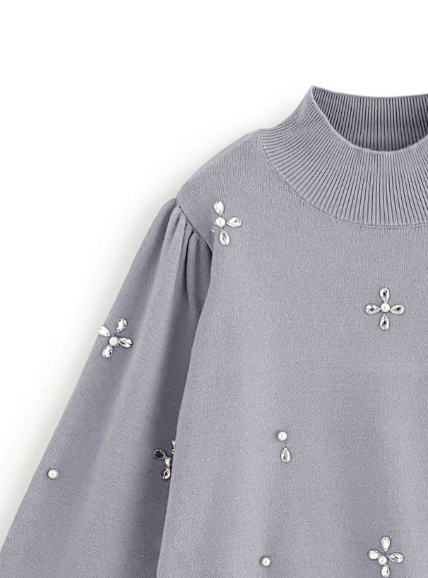 日本 GRL - 氣質花朵閃耀針織上衣-水藍 (F)