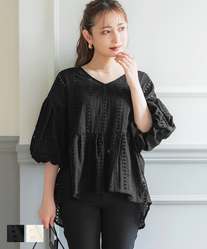 日本 COCA - 純棉鏤空裙擺泡泡袖上衣-米杏