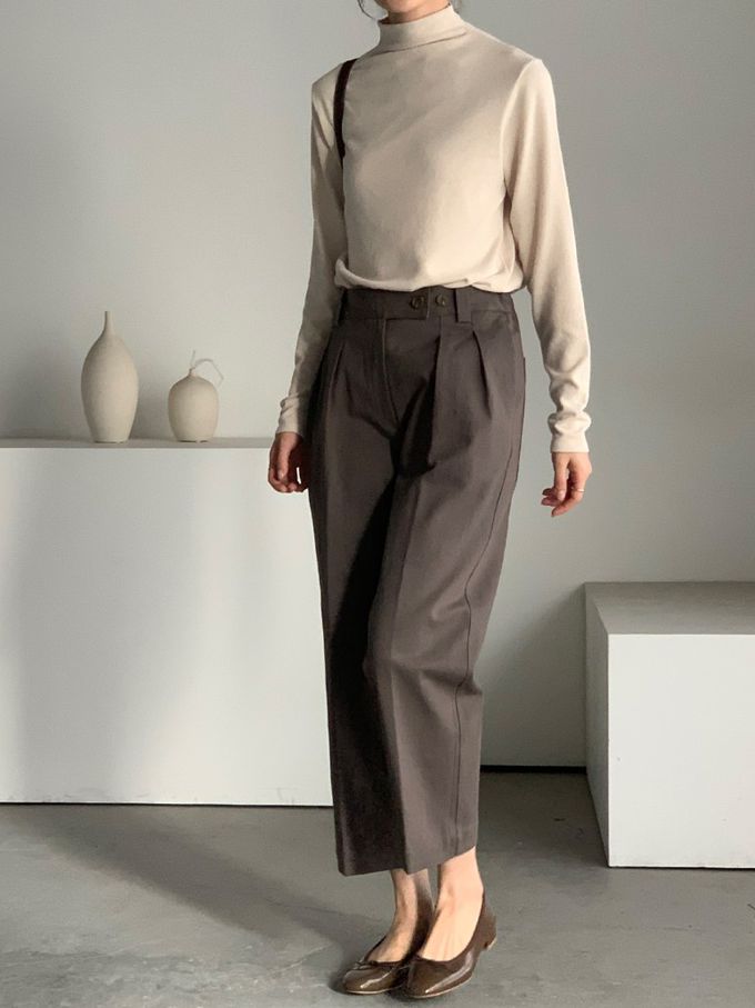 韓國女裝連線 - 百搭中領混羊毛長袖上衣-米杏 (FREE)