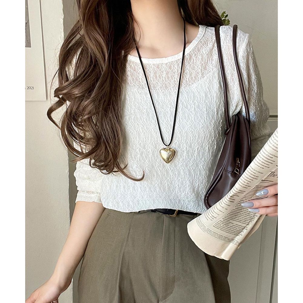 網狀蕾絲透膚圓領長袖上衣-白