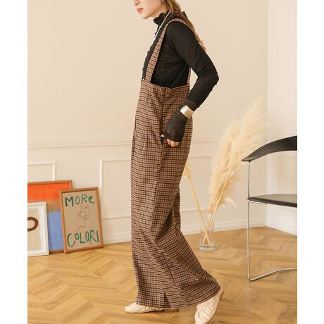 日本 Bab - 文藝少女歐風吊帶褲-格紋-卡其