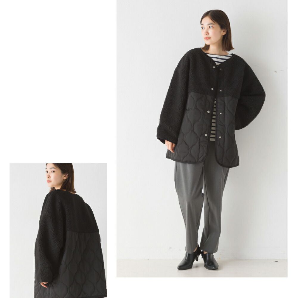 日本 OMNES - 絎縫拼接短絨鋪棉外套-象牙杏