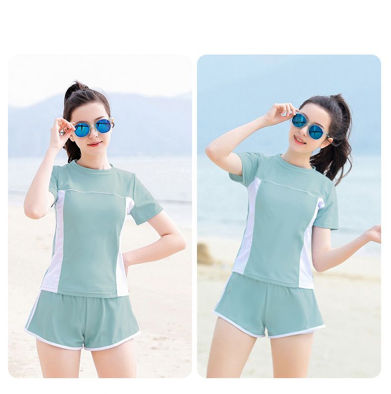 大童女孩運動風短袖泳衣套裝(二件組)-淺藍色-上衣、短褲