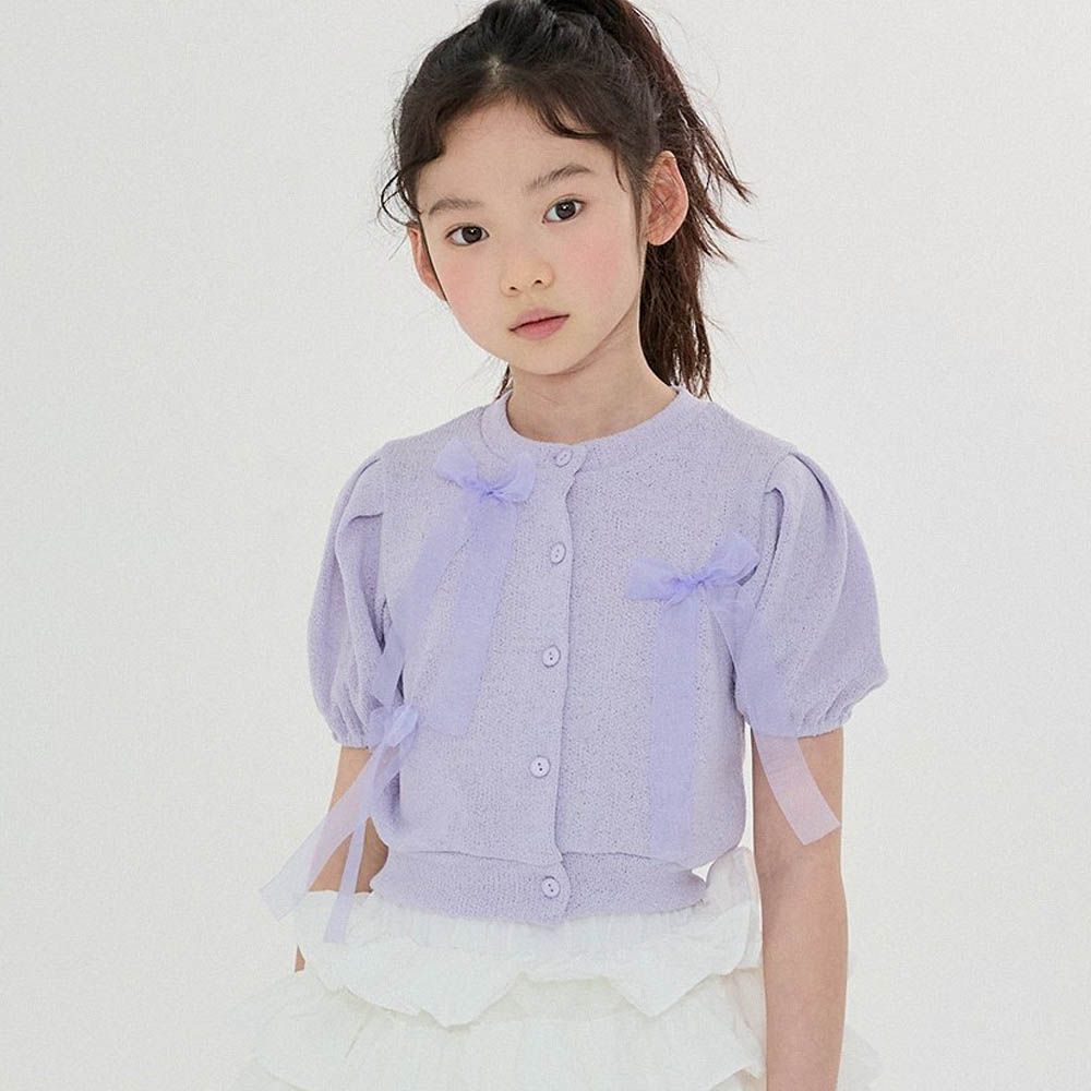網紗蝴蝶結裝飾針織公主袖上衣-淺紫