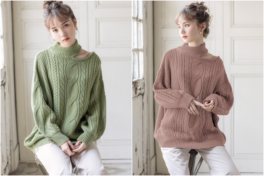 日本 GRL - 單挖肩小性感麻花高領針織毛衣-天使白